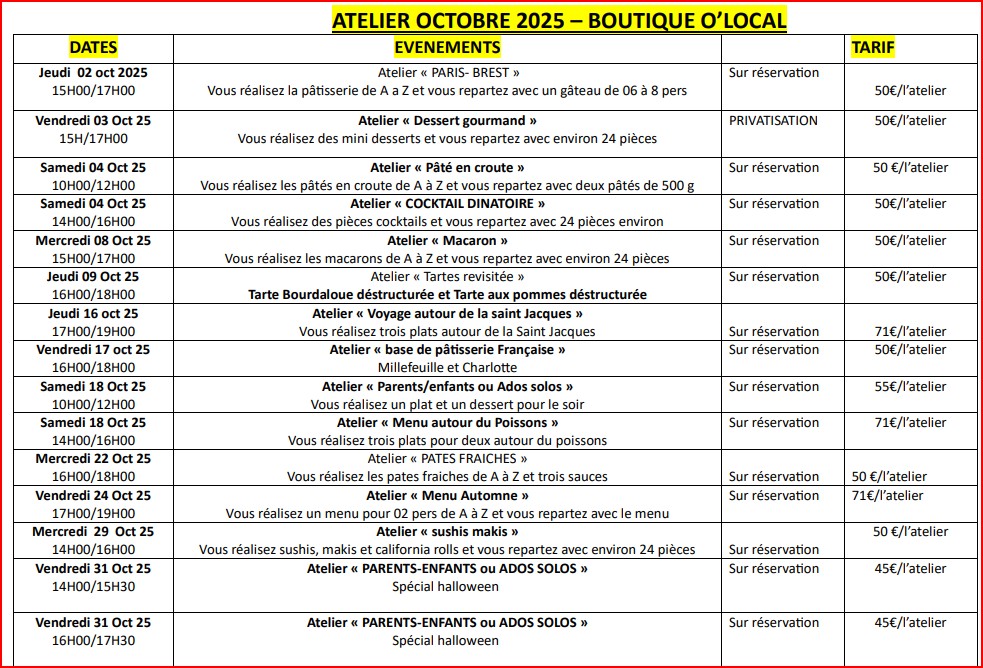 DATE DES ATELIERS SEPTEMBRE