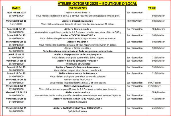 DATE DES ATELIERS SEPTEMBRE